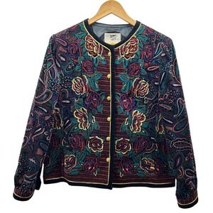 Saxton Hall Tapestry Jacket Women 18 Floral Embroidered Cotton Japan Vintage 80s